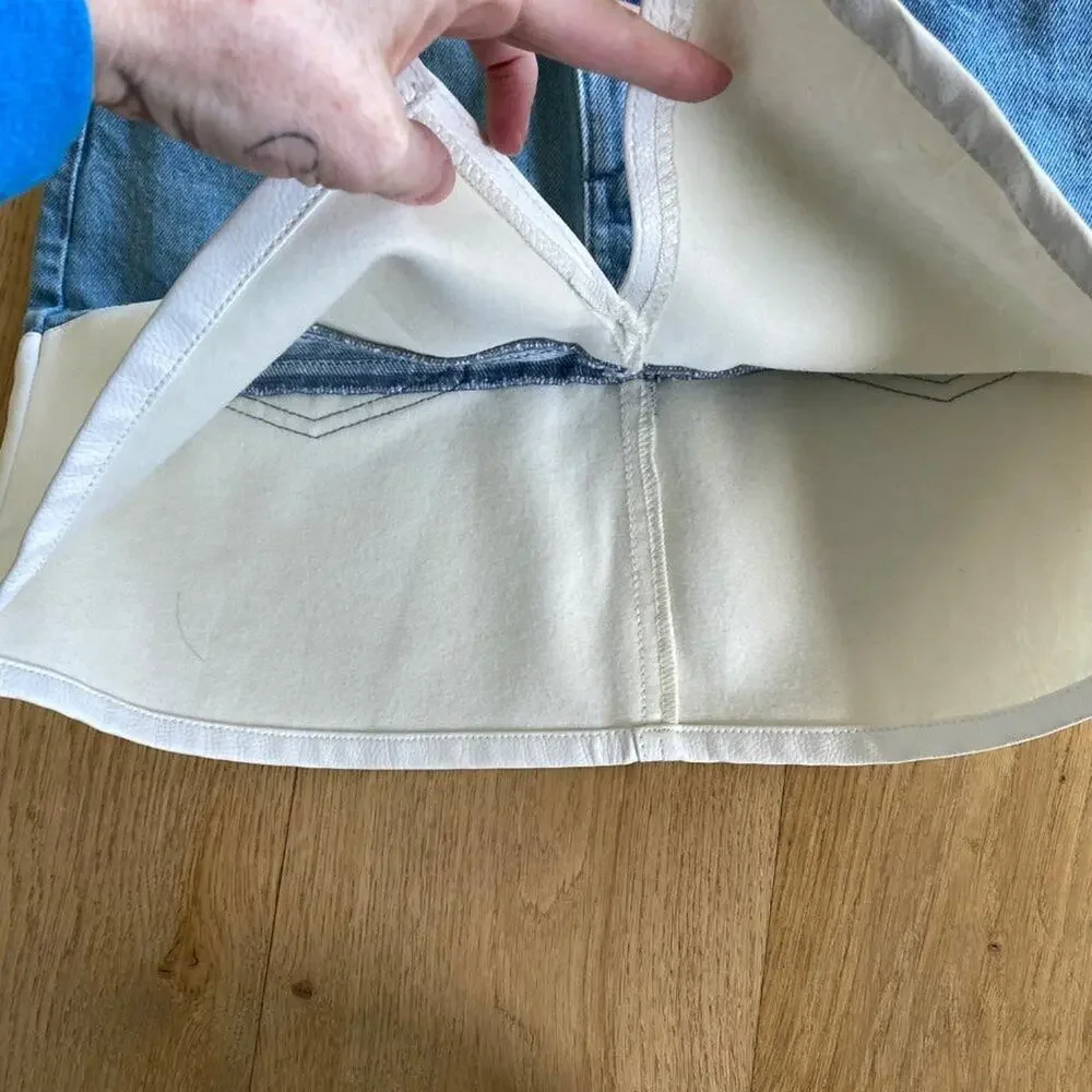 Denim and Leather Skirt in Blue and White